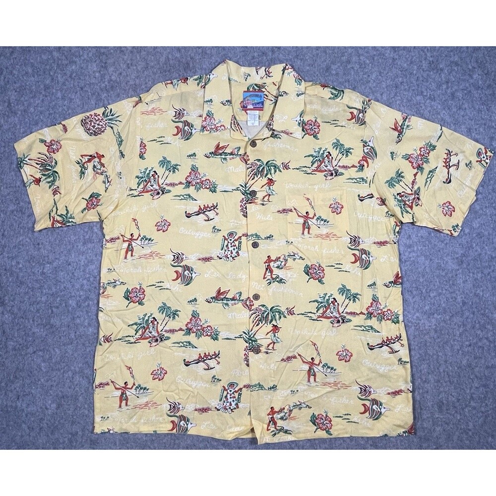 Joe Kealoha's Hawaiian Native Print Yellow Button Up Pocket XL